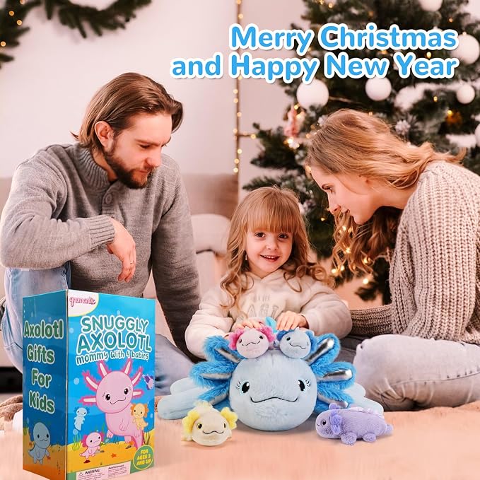 gnomantic Axolotl Stuffed Animals with Babies Inside, Mommy Toy for Kids | 5-Piece set: 1 mommy axolotl + 4 baby axolotls inside. Unzip belly to reveal surprise babies. Ultra-soft, ages 3-8.