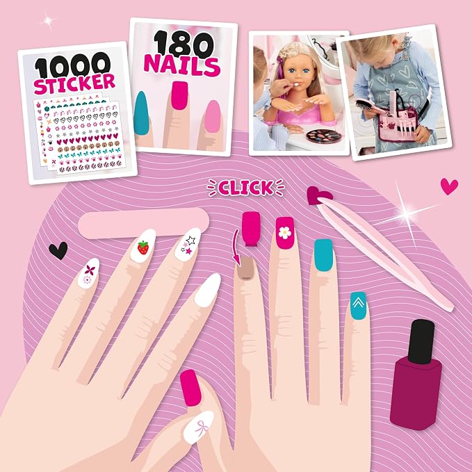 Bayer Design Charlene Magic Nails Styling Head Doll with Hair & Nail Art, 10.5 in Tall Bust, Movable Hands, Beauty Salon Toy for Kids Ages 3+