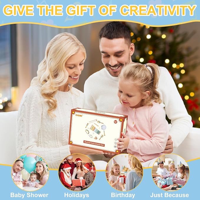 Baby Musical Instruments Set Montessori Wooden Music Toys for Toddlers 3 4 5 Neutral Color Percussion Music Kit with Drum, Xylophone,Storage Bag, Birthday Preschool Learning Gift for Boys Girls