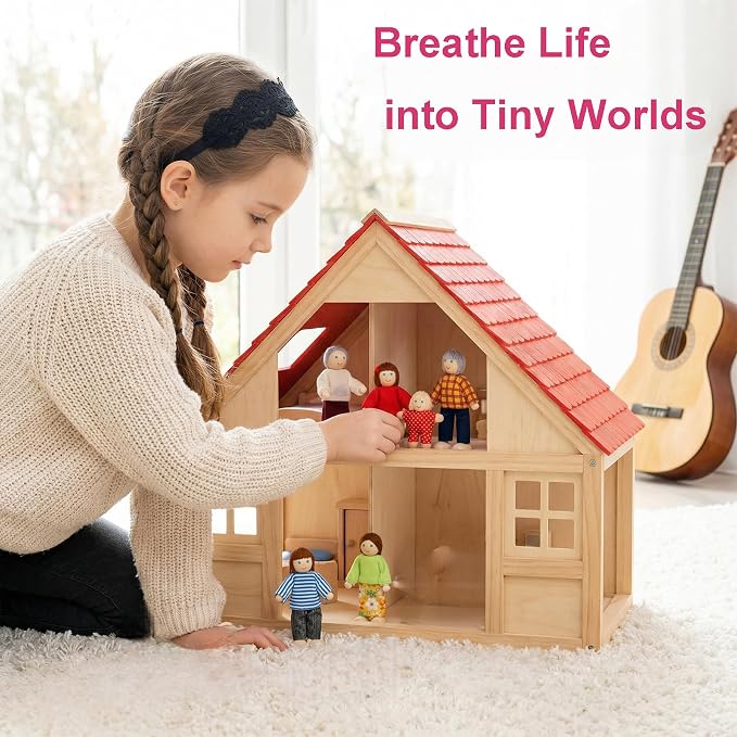 14 Pcs Wooden Dollhouse People Family Set with Movable Limbs, Mini People Figures for Doll House Play