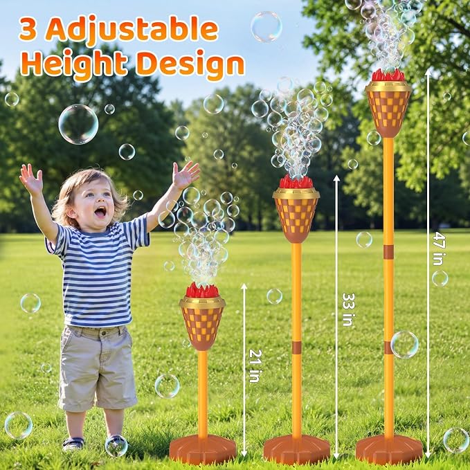 Bubble Machine Toys for Kids: Bubble Torch Blower Maker with Flame Light Music, 47" Adjustable Height, Bubbles Wand Outdoor Toys for Summer Camping Essentials Halloween Wedding Backyard Pool Party