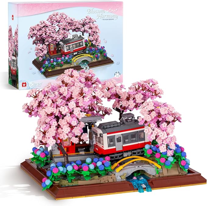 Wise Block Cherry Blossom Train Diorama Building Set – Japanese Artificial Bonsai Tree Block Set for Home Office Botanical Decor, 3150 Pcs