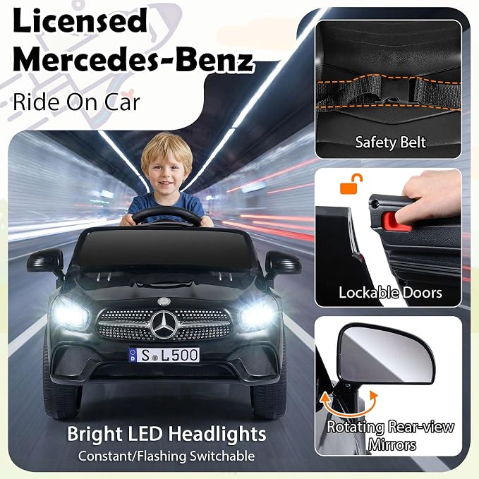 Costzon Ride On Car, 12V Licensed Mercedes Benz Electric Vehicles with Parent Remote Control, LED Headlights, Music & Wireless Connection, Kids Car for Boys Girls Aged 3-8 (SL500,Black)