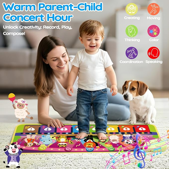 MOMUSE Music Piano Mat 5-Language (EN/DE/FR/IT/ES) for 3 4 Year Old Boys Girls, Multilingual Education Baby Toy with 9 Animals & Recording, Portable Toddler Infant Kids 3+ Christmas Birthday Gifts
