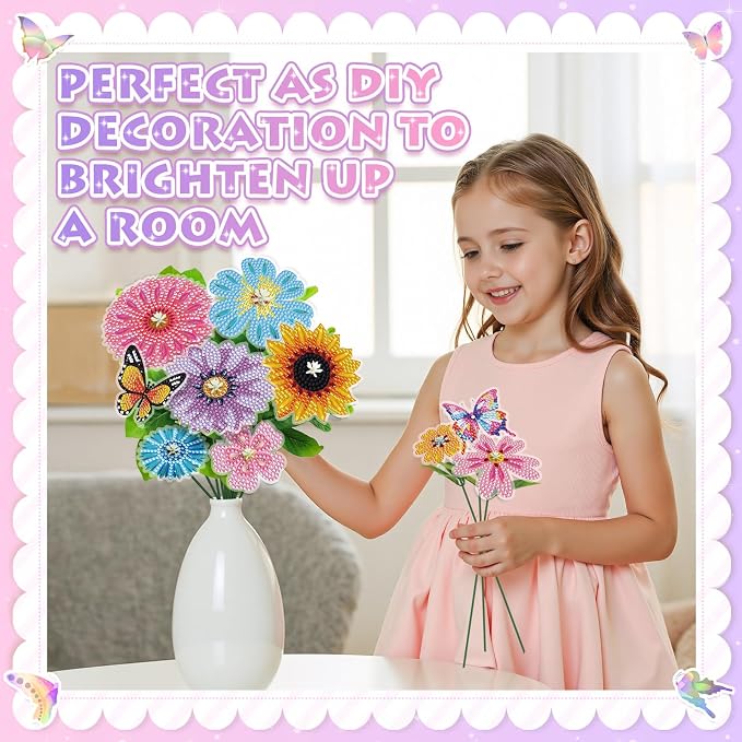 Crafts for Girls 8-12 - Make Your Own GEM Art Flower Bouquet - Arts and Crafts for Kids Ages 8-12 - Diamond Art Kits for Kids - 5D Dimond Art Paintings - DIY Art & Craft Gifts for 4 5 6 7 10 Year Old