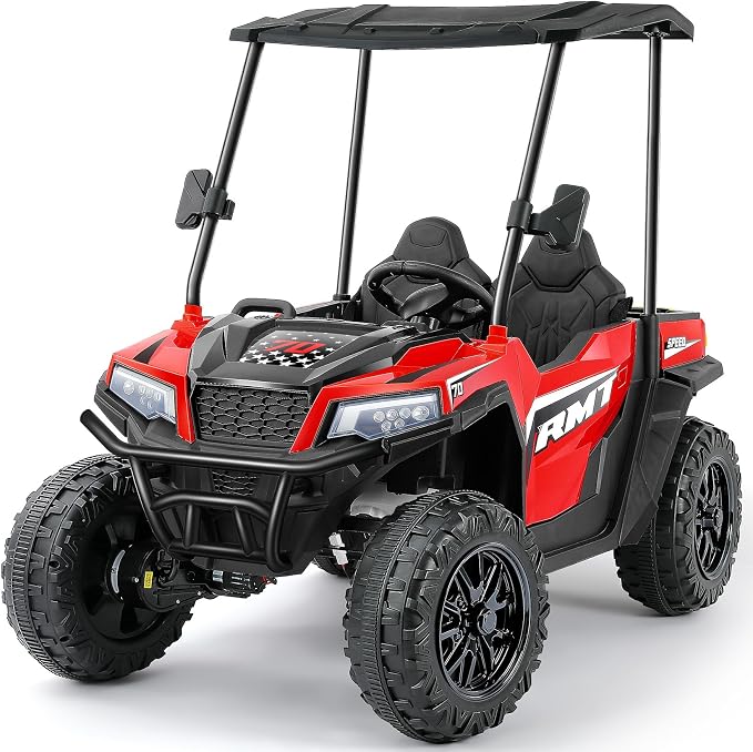 ELEMARA 24V Ride on Toy for Big Kids,Ride on Car 2 Seater w/Sun Shade,Dump Bed & Shovel,4.5MPH,4WD Electric Car for Kids,Battery Car w/Remote,Kids Ride on Truck,3 Speeds,LED Lights,Bluetooth, Red