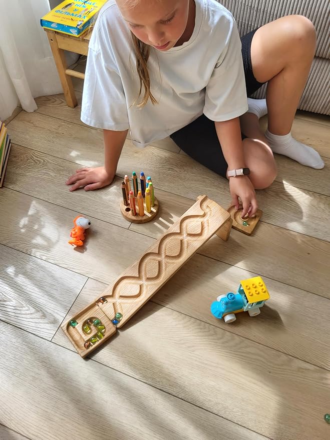 Wooden Marble Run Track Set of 2 Wind+Whirlpol Race Machine Set Wooden Maze Board Ball Run Montessori STEM Toy Gift for Kids Marble Wave Course Winding Roller Track Game (Wind+Whirlpol)