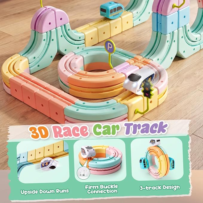 Hot Bee Electric Train Set for Kids, Gravity-Defying 3D Train Track Set with 93PCS Flexible Snap-On Tracks, USB Rechargeable Motorized Car, STEM Building Toy Birthday Gifts for Boys Girls 3 4 5 6 7 8+