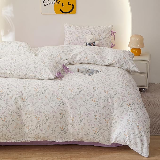 Vintage Floral Comforter Set Twin XL, Cottagecore Aesthetic Cute Flower Pattern Comforter for All Seasons, Lightweight Coquette Bedding Set Flowers Botanical Comforter with 2 Bow Ties Pillowcases