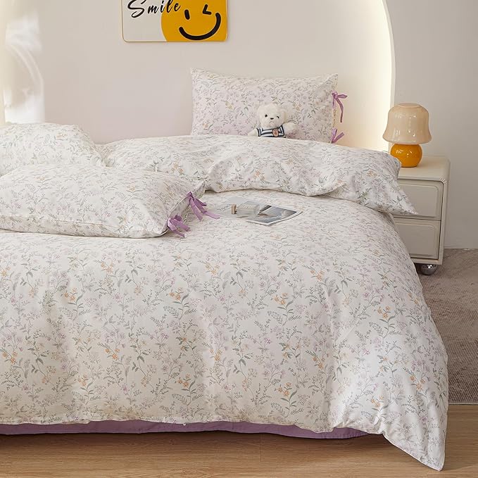 LifeTB Vintage Floral Comforter Set King, Cottagecore Aesthetic Cute Flower Pattern Comforter for All Seasons, Lightweight Coquette Bedding Set Flowers Botanical Comforter with 2 Bow Ties Pillowcases