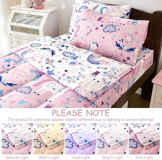 DJY Zipper Bedding Set Full, Pink Unicorn Bedding Sets for Girls, Kids Comforter Set with Fitted Sheet Pillowcases, All in One Zipper Bed Set for All Seasons