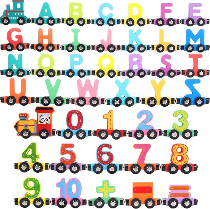 43 Pcs Magnetic Wooden Alphabet Number Trains Set for Kids with 26 Alphabet, 14 Number Trains, 3 Locomotives, Learning Toys for Toddlers Boys Girls Educational Gift for 3-7 Year Olds