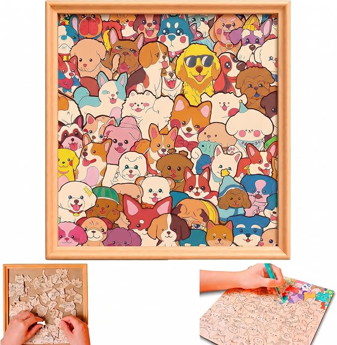 Wooden Dog Coloring Puzzle, 53-Piece DIY Kitties Jigsaw Craft with Frame and 12 Color Pens, Paintable Wood Board for Adults, Kids, Cat Lovers, Family Activity, Home Decor (Dog)