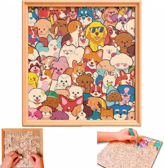 Wooden Dog Coloring Puzzle, 53-Piece DIY Kitties Jigsaw Craft with Frame and 12 Color Pens, Paintable Wood Board for Adults, Kids, Cat Lovers, Family Activity, Home Decor (Dog)