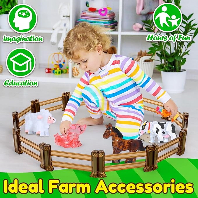 Oriate Farm Animals Fences Magnetic Tiles, 18pcs Magnet Fencing Compatible Garden Farming Zoo Dinosaur, Kids Magnetic Structural Construction Magnets Tile Building Blocks Horse Toys Accessory