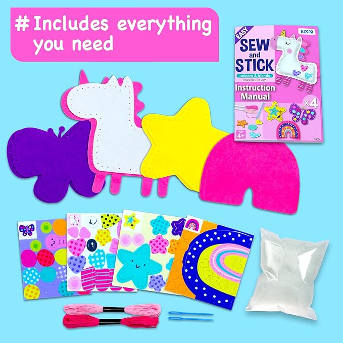 EZCRA Unicorn Sewing Kit for Kids Ages 4-8 - 4 Beginner Kids Sewing Crafts Projects - No-Mess Arts & Crafts for Girls - Gift for Kids with Felt Stickers