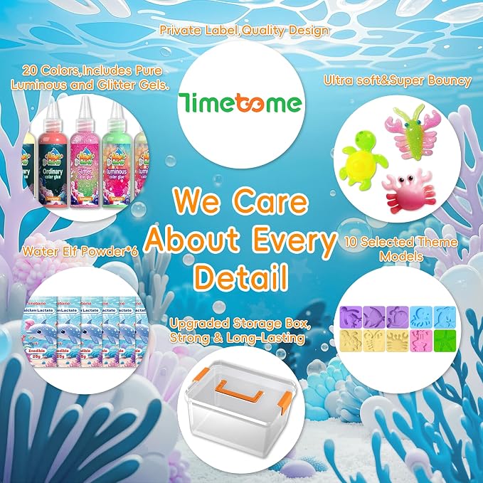 Timetome Magic Water Elf Toy Kit for Kids – 20 Gels (11 Standard + 6 Glitter + 3 Glow) & 10 Molds, DIY Squishy Maker, Aqua Fairy Gel Toys, Night Glow & Glitter, Valentine Gifts for Boys & Girls 3+