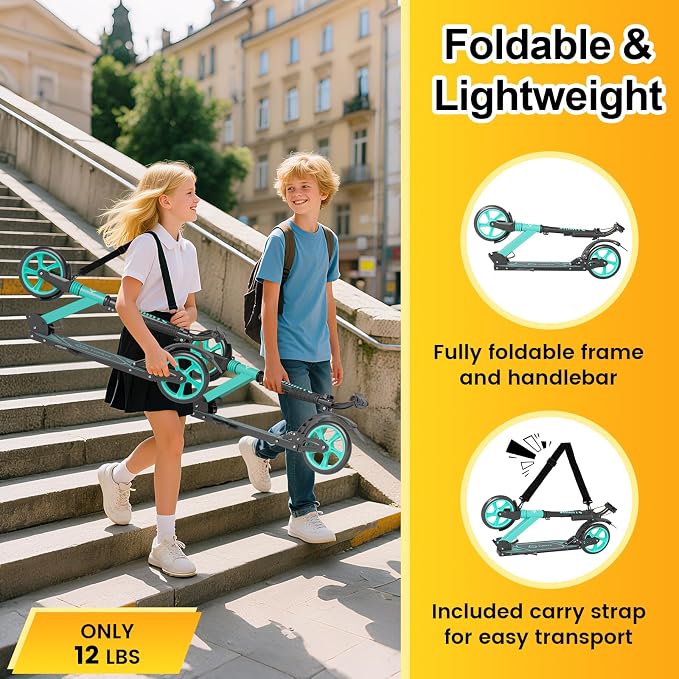 SIMATE Kick Scooter for Kids Teens & Adults, 4 Adjustable Heights, 8IN All Terrain Big Wheels, Dual Brakes & Dual Suspension, Foldable and Lightweight, Gifts for Girls Boys