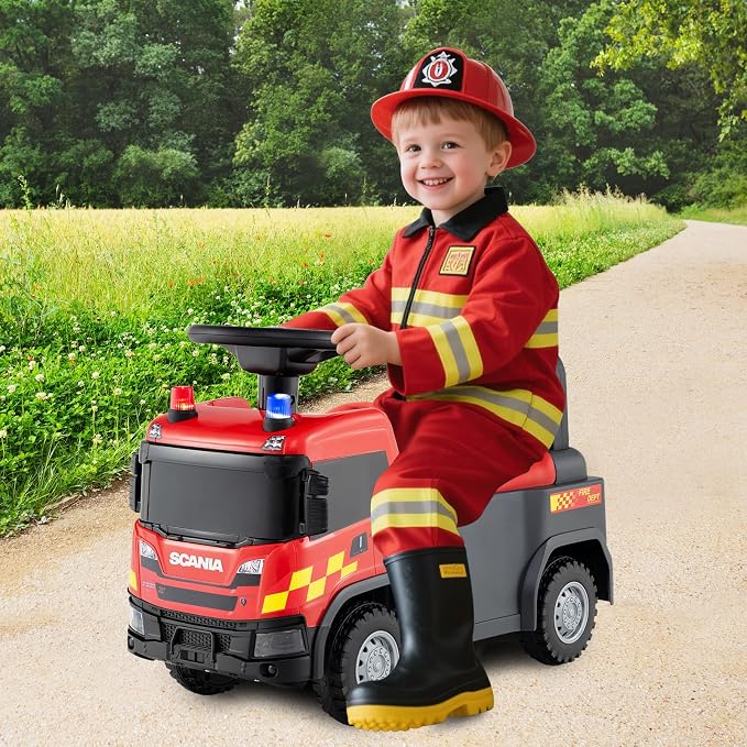 Costzon Ride On Push Car, Licensed Scania Fire Truck for Toddlers with Sirens, Horn, Music, Lights, Under Seat Storage, Foot-to-Floor Sliding Car, Kids Ride On Toys for Boys Girls 18+ Months