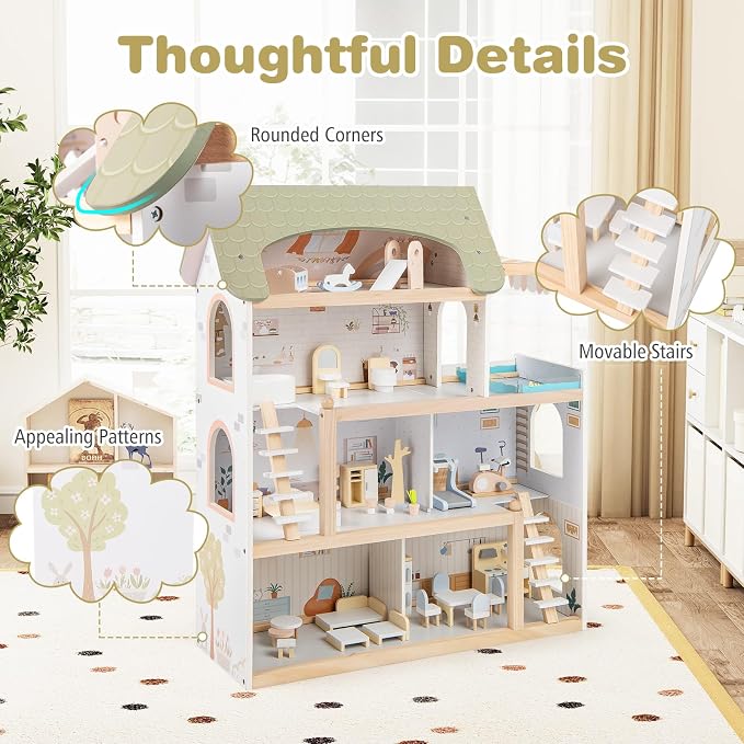 Costzon Wooden Dollhouse, Kids DIY Pretend Playhouse w/ 33 PCS Furniture Accessories, Modern Family Play House Toy w/Balcony, Pool for Girls & Boys Ages 3+ Years Old