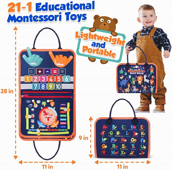 ZOOI Toddler Toys Montessori Busy Board, 2 Year Old Boy Girl Birthday Gift, Montessori Toys for 1 Year old Boy, Busy Book Toy for Toddlers Ages 1-3, Educational Activity Book for Learning Motor Skills