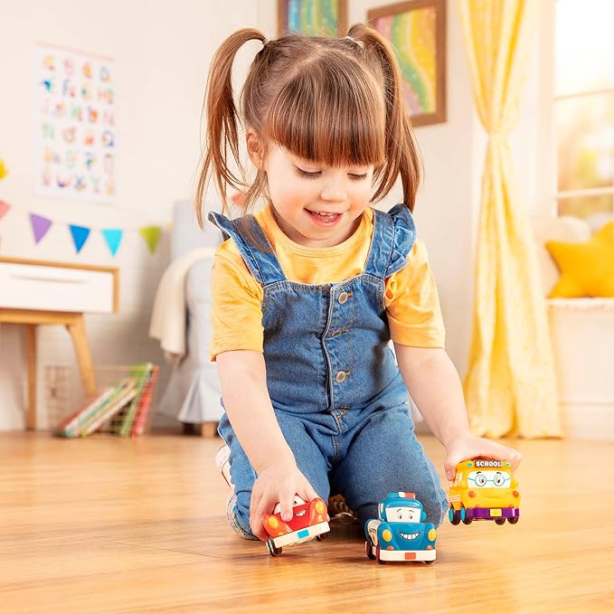 B. toys – Mini Wheeee – ls! – 3 Pieces Mini Pull – Back Vehicles Set, Bus & Cars, Multi, Hot Rod, School Bus, Police Car – 1 Year +