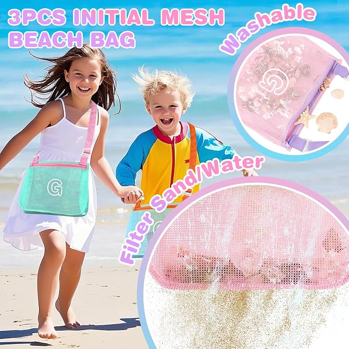 3Pcs Personalized Kids Beach Shell Bag, Initial Seashell Mesh Zipper Beach Pouch, Shell Collecting Bag for Holding Shells with Adjustable Straps, Sand Toys Swim Pouch Gift for Girl Boy Teens(Letter G)