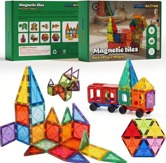 IMAGINATION Magnetic Tile 100 Piece Set for Kids Ages 3–12, Large 3-Inch STEM Building Blocks, Montessori Educational Toy for Boys and Girls