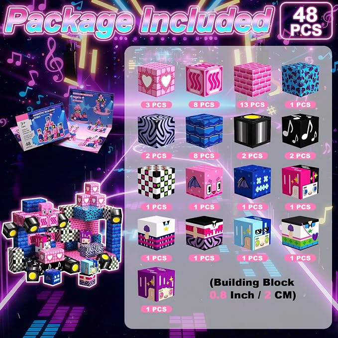 Magnetic Blocks Building Toys for Kids, 48 PCS Magnetic Blocks for Kids Ages 4-8, Magnetic Cubes, STEM Sensory Toys for Boys & Girls, Birthday Gifts for Kid Ages 3+