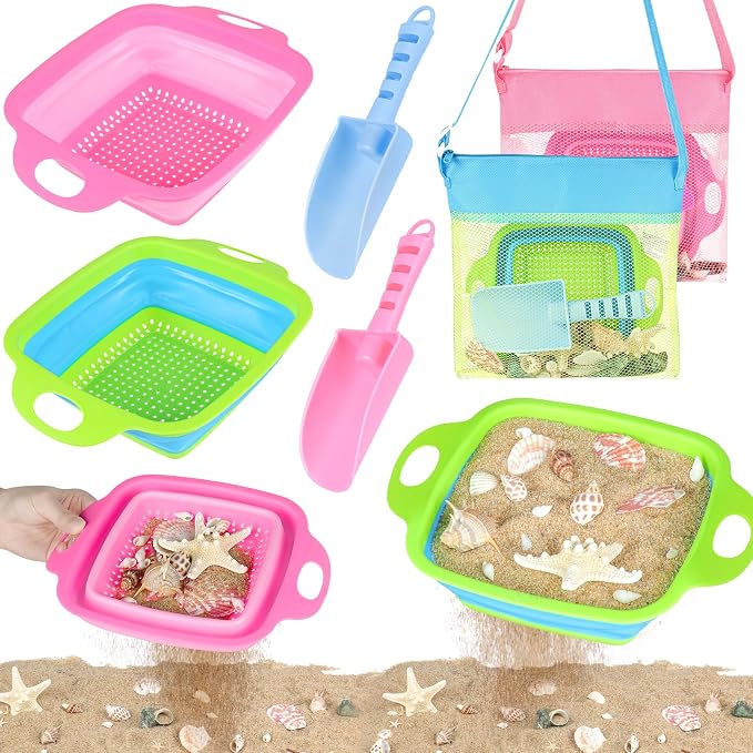 EULRGAUS Beach Sand Toys, 2 Collapsible Sand Sifters, 2 Beach Shovels, 2 Mesh Beach Bags, Shark Tooth Sifter & Shell Collecting for Kids Boys and Girls, Beach Essentials for Family