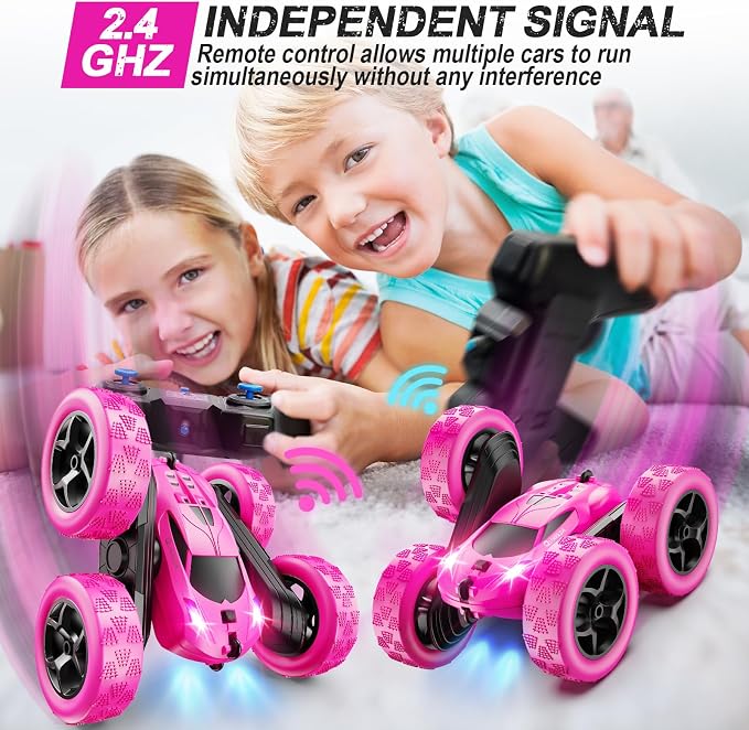QUNREDA RC Cars, Rose Remote Control Car for Girls, 2.4 GHZ Double Sided RC Stunt Car 360° Rotating Remote Control Crawler with Headlights Car Toys for 6 7 8 9 10 11 12 Girls Birthday Gift
