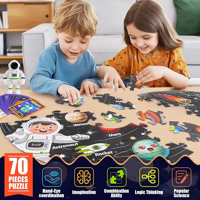 Puzzles for Kids Ages 4-6, Solar System Planets Flash Cards & Astronaut Figures & Satellite, 70 Piece Round Large Floor Jigsaw Puzzles, Educational Toy Gift for Ages 3 4 5 6 7 8 10 Year Old Boys Girls