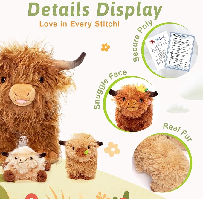 OUOZZZ Highland Cow Stuffed Animal, 14.5" Large Mom and 4 Babies Set | Realistic Fluffy Plush Toy, Includes 4 Baby Calves, Travel-Friendly & Portable