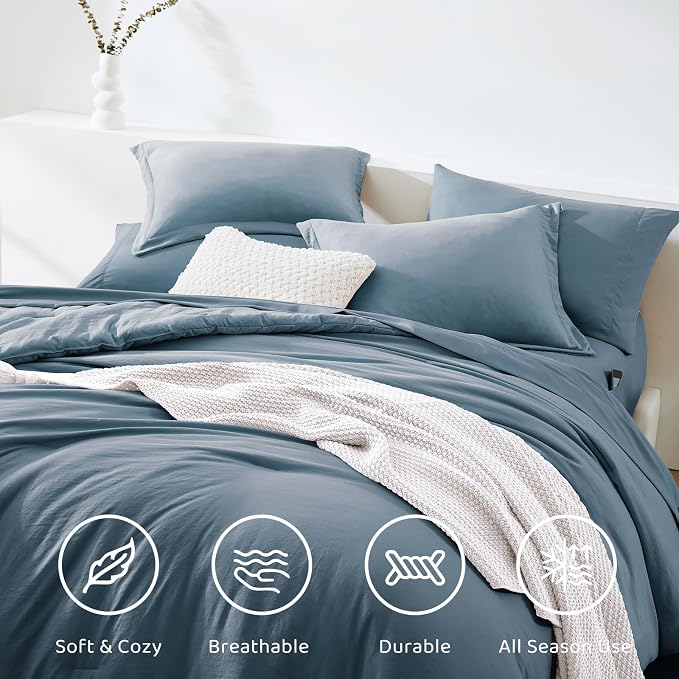 WRENSONGE Queen Comforter Set- 7 Pieces Soft Oxford Blue Bed in a Bag with Fitted Sheet, Flat Sheet, 2 Pillow Shams, and 2 Pillowcases- Warm Bedding Sets Queen for All Season
