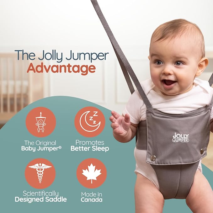 Jolly Jumper Iconic (Grey Safari), Doorway Baby Jumper, Indoor Exercise Saddle Seat, Adjustable Height, for Infants up to 28lbs, Black, No Stand Required