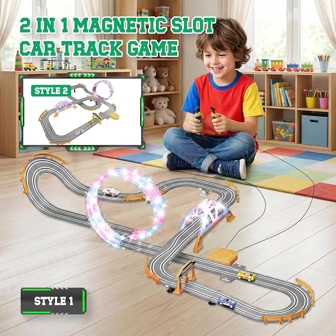 18.04ft 2-in-1 Slot Car Track Sets Toy - with 4 Cars, Battery or Electric Car Track Set with Dual Racing Game, Flash Circular Track, Lap Counter,Birthday Xmas Gifts Toys for Boys(S2-Charcoal)
