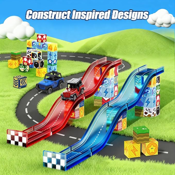 Magnetic Tiles Race Track Set, 52PCS STEM Educational Magnetic Building Blocks with 2 Race Cars, Montessori Sensory Travel Toys for Kids 3 4 5 6 7 8, Birthday for Boys & Girls