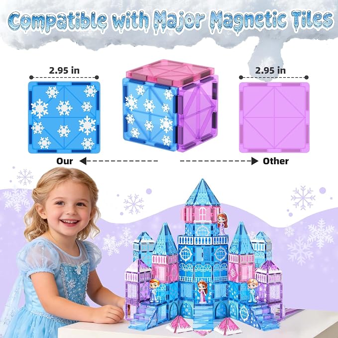 GobiDex 100PCS Magnetic Tiles Princess Castle with 4 Dolls & Stairs, Princess Magnetic Building Blocks for Kids Ages 3-5 4-8, Magnets Sensory Toddler Toys Birthday Gifts for 3+ Year Old Girls Boys