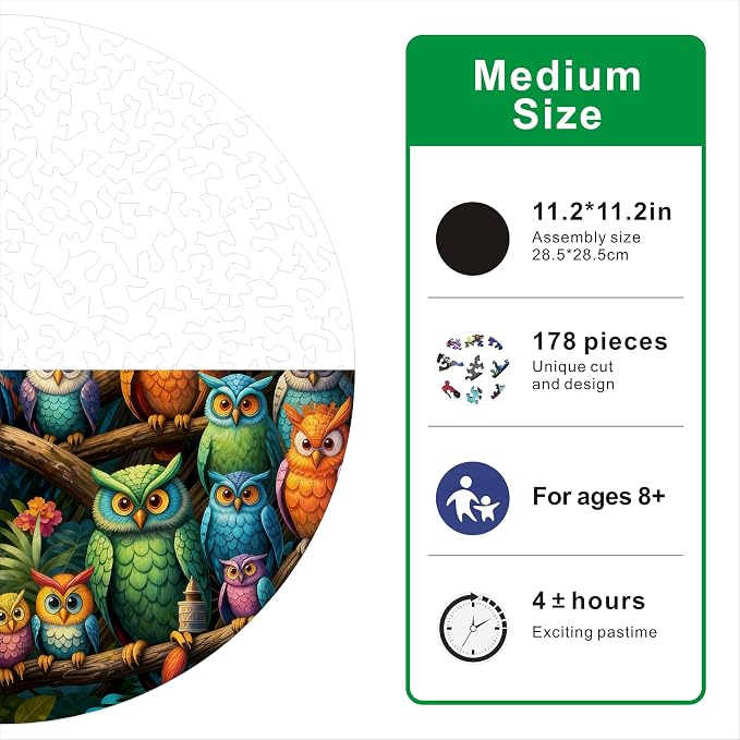Hartmaze Wooden Jigsaw Puzzle - Owls Cozy Habitat, 178 Unique Irregular Pieces, 11.2x11.2 Inch, Exquisite Wooden Gift Box, Challenging Art Puzzle for Adults & Kids Ages 8 and Up