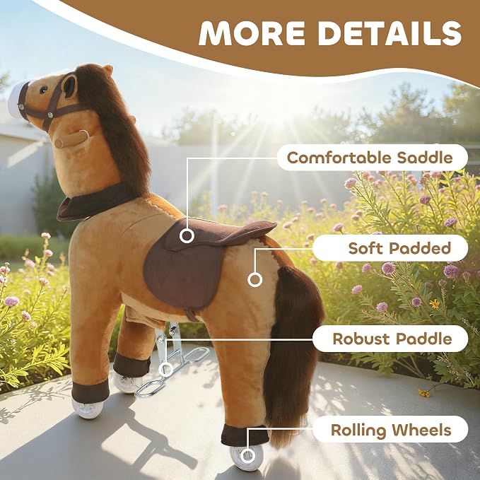 Qaba Ride on Horse for Kids 3-5 Years, 29.5 Inch Height Plush Riding Pony, Walking Horse Animal with Rolling Wheels for Active Play, No Batteries Required, Brown