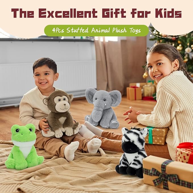 MaoGoLan 4Pcs Small Stuffed Animals Bulk, Safari Jungle Animal Plush Toys Set - Elephant Monkey Zebra Frog, Soft 8" Zoo Stuffed Animals for Kids, Birthday Party Favors Classroom Rewards