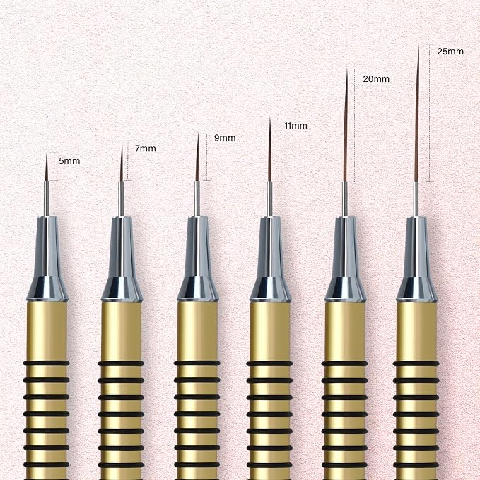Komall Metallic Nail Art Brushes, 6Pcs Non Slip Liner Brush Set, UV Gel Polish Painting Art Design Pen for Long Lines, Thin Details, Fine Drawing Sizes 5/7/9/11/20/25mm(Gold)