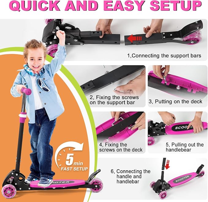 Scooter for Kids 3-5 5-7,Light up 3 Wheels Kick Scooter,Heavy Duty Folding Lean-to-Steer Scooters with 3 Adjustable Handlebar for Boys Girls,Widen Anti-Slip Deck,Rear Break,Holds up to 150Lbs