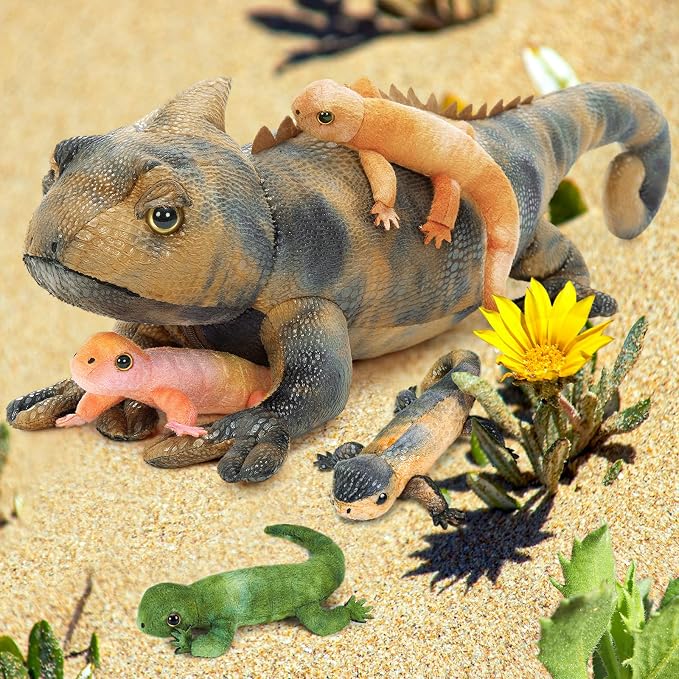 5Pcs Giant Lizard Plush, 27" Mother Iguana Stuffed Animal with 4 Baby Lizard Plushies, Bearded Dragon Plush Toy for Kids Boys Girls, Stuffed Chameleon for Christmas Birthday Gift, Gray