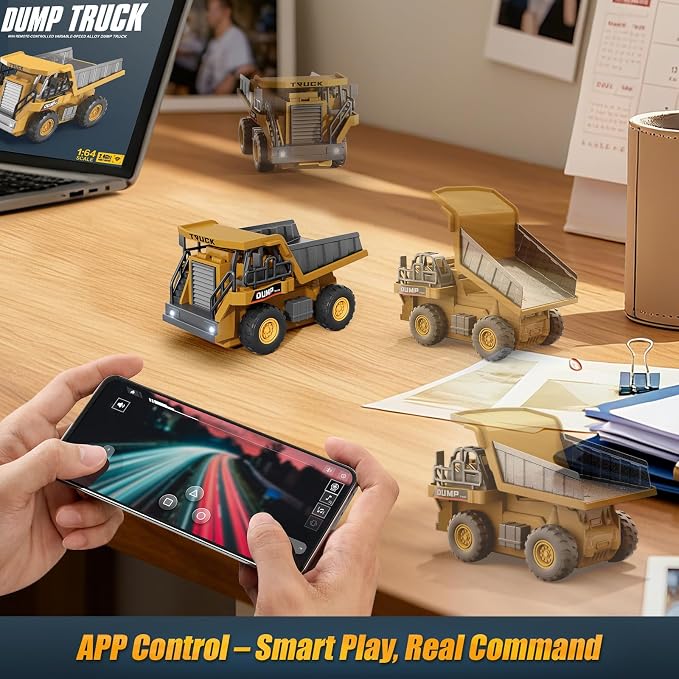 1:64 Mini Remote Control Dump Truck Toy, 2.4GHz RC Dump Truck with Metal Bed, LED Light & Music, Variable Speed, Type-C Charging, Includes 4 Road Barriers, Construction Vehicle Gift for Kids & Adults