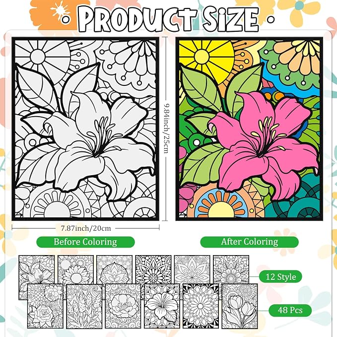 Cinrobiye 48 Pcs Velvet Coloring Posters Floral Fuzzy Posters to Color Bulk Felt Flower Coloring Page Craft for Adults Teenagers All Ages Classroom Assisted Living Festive Holiday Art&Craft Activity