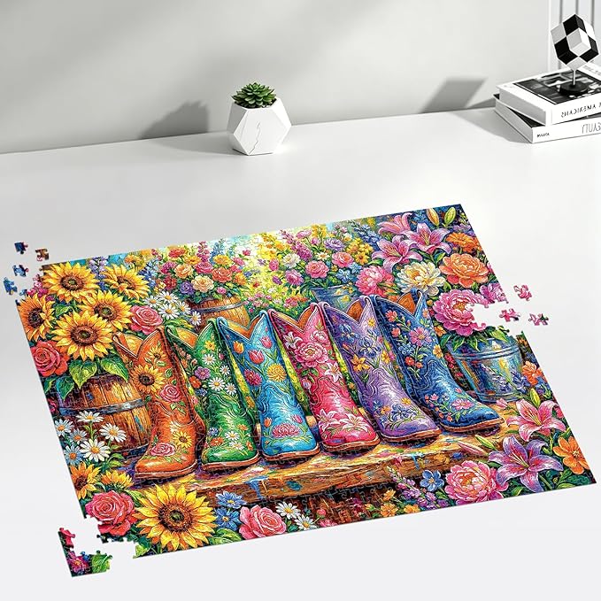 1000 Piece Puzzle for Adults, Colorful Flower Boots Jigsaw Puzzles, Plant Floral Boot Garden Jigsaw Puzzle, Fun Challenging Puzzle with Letters on Back, Cowgirl Blooming Boots Puzzles for Game Night