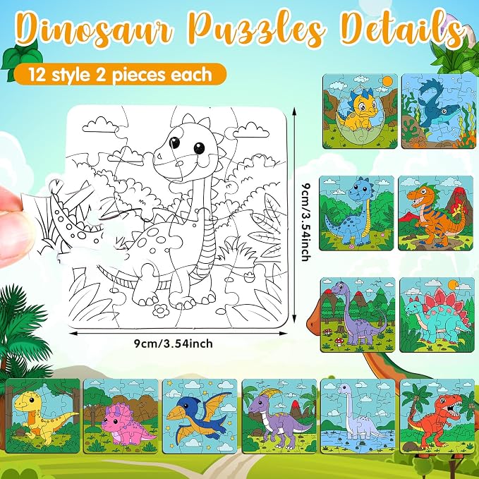 Realspring 24 Pack Dinosaur Color Your Own Jigsaw Puzzles for Kids Ages 3-5, 4-6, 6-8, Coloring Crafts DIY Paper Puzzles Party Favors Gifts for Toddler Children Learning & Education Toys