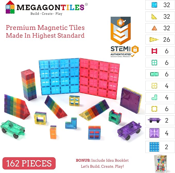MEGAGONTILES 162PCS Premium Magnetic Tiles Set | STEM-Authenticated Magnetic Building Blocks | Educational Construction Toy for Kids Ages 3–8 (Boys & Girls)