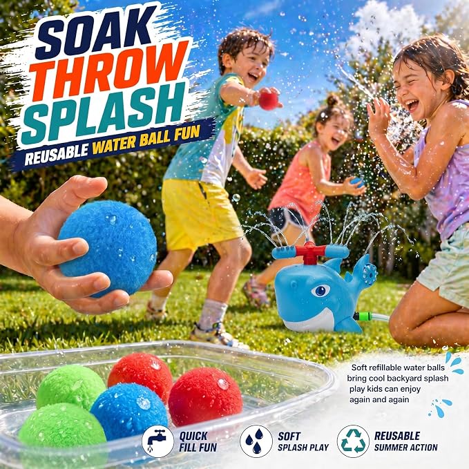 Shark Water Sprinkler Toy for Kids Ages 3-8, 4-in-1 Splash Baseball T Ball Set with Rocket Launcher, 360 Degree Sprinkler and Water Balls, Outdoor Backyard Summer Toy for Boys Girls